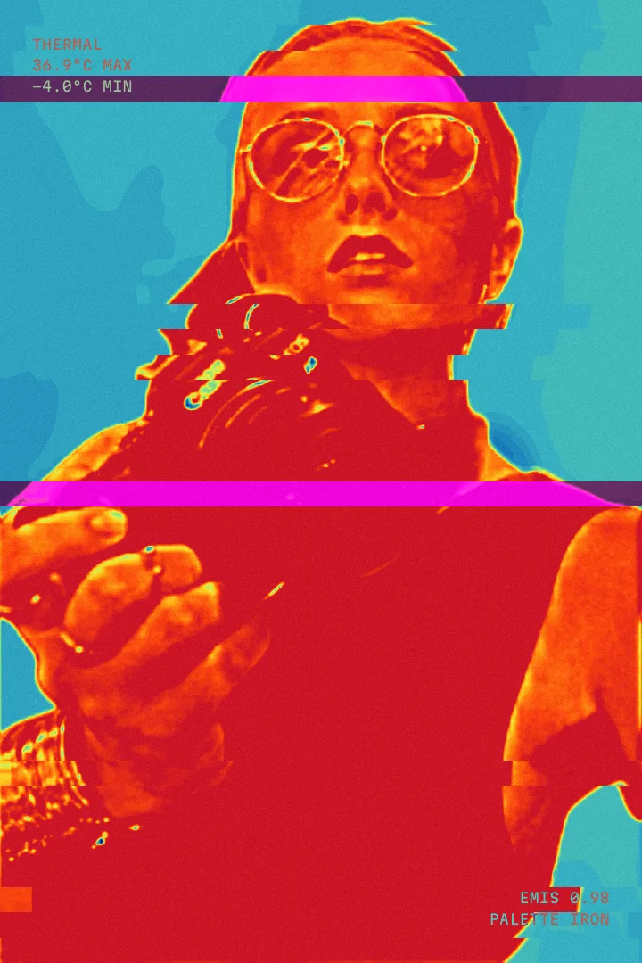 Thermal Camera look on a woman with a camera, the Glitch effect tearing the frame into bands